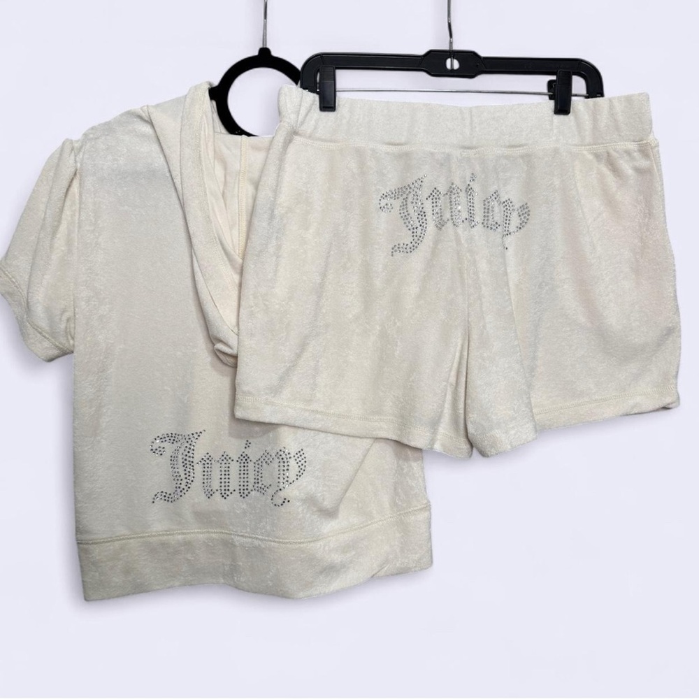 NWT Juicy Couture Bling Terry Short Sleeve Hoodie Shorts Set White L Y2K Glam‎